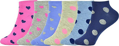 RJM Ladies Multipack Assorted Design Trainer Socks 4-7 6 Pack Spot & Hearts