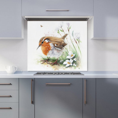 Robin And Daisies Watercolour Premium Glass Kitchen Splashback W600mm x H600mm