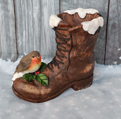 Robin On Boot Christmas Ornament Festive Window Mantlepiece Decoration 17cm