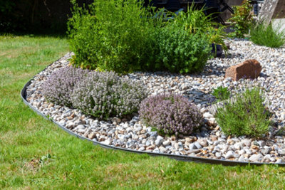 Rock garden with a mix of pebbles, stones, and drought-tolerant plants like succulents and perennials, adding low-maintenance beauty to the outdoors.