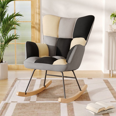 Rocking Armchair Linen Upholstered Rocker Chair Patchwork Accent ...