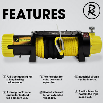 RocwooD Electric Winch 13500 Lbs 12V Synthetic Rope - 3