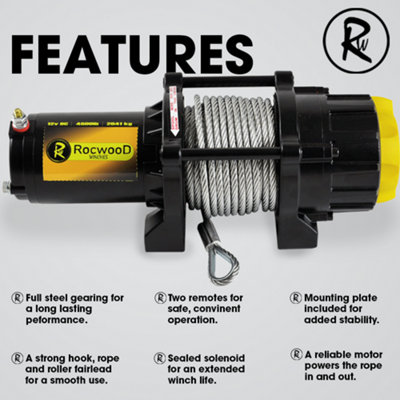 RocwooD Electric Winch 4500 Lbs 12V Steel Rope - 3