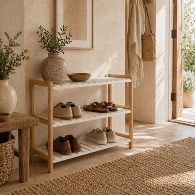Roello Elta 3-Tier Wooden Shoe Rack - Natural Pine Frame with White ...