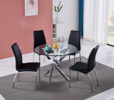 Rolex 4-seater 100cm Round Clear Glass Dining Table And 4 Modalux Black ...