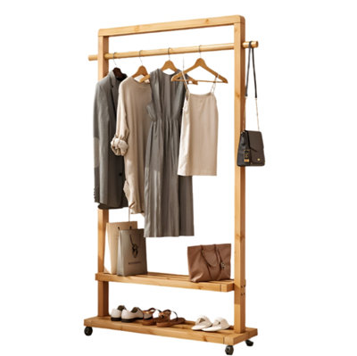 Rolling Bamboo Clothes Rail with Shelf - Heavy Duty Wooden Garment ...