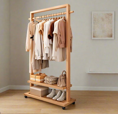 Rolling Bamboo Clothes Rail with Shelf - Heavy Duty Wooden Garment ...