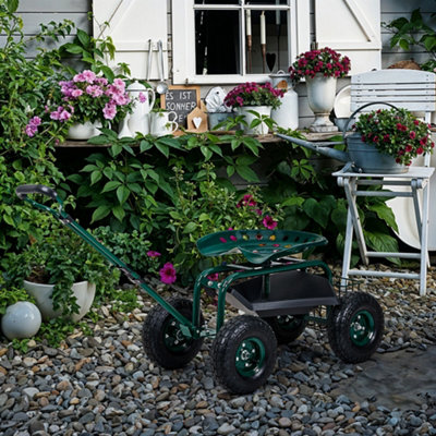 Rolling Garden Cart with Seat and Tool Tray