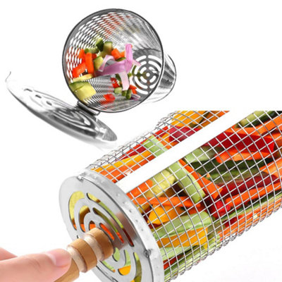 Rolling Grill Basket Rotating BBQ Roller with Wooden Handle Stainless Steel 360 Degree Basket for Meat and Veg