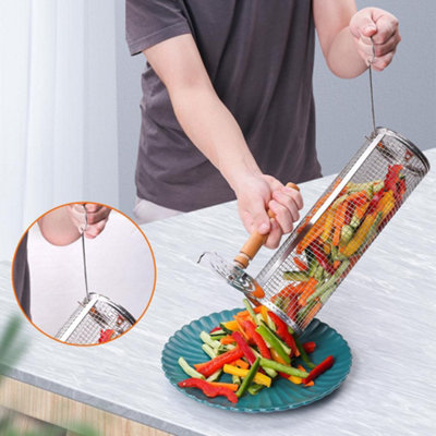 Rolling Grill Basket Rotating BBQ Roller with Wooden Handle Stainless Steel 360 Degree Basket for Meat and Veg