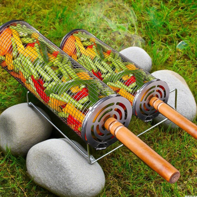 Rolling Grill Basket Rotating BBQ Roller with Wooden Handle Stainless Steel 360 Degree Basket for Meat and Veg