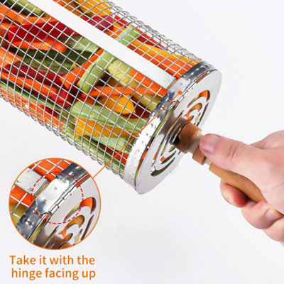 Rolling Grill Basket Rotating BBQ Roller with Wooden Handle Stainless Steel 360 Degree Basket for Meat and Veg