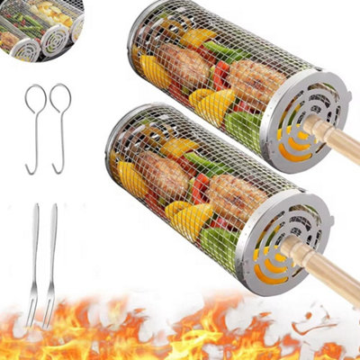 Rolling Grill Basket Rotating BBQ Roller with Wooden Handle Stainless Steel 360 Degree Basket for Meat and Veg