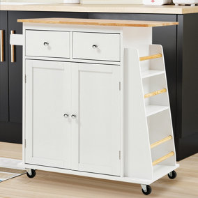 Rolling Kitchen Island Cart Serving Storage Trolley Cart with Rubber Wood Worktop