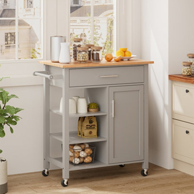 Rolling Kitchen Island Cart Storage Trolley with Drawer and Cabinet in Grey