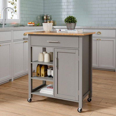 Rolling Kitchen Island Cart Storage Trolley with Drawer and Cabinet in Grey