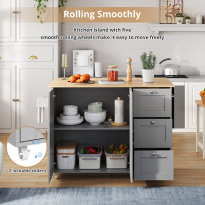 Rolling Kitchen Island Trolley with Foldable Oak-Effect Tabletop - Grey