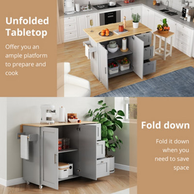 Rolling Kitchen Island Trolley with Foldable Oak-Effect Tabletop - Grey