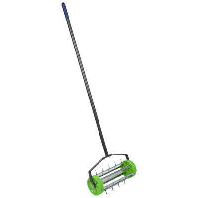 Rolling Lawn Aerator - 40cm x 1.4M - Green - 1x Manual Heavy Duty Gardening Grass Soil Spikes Aeration Hand Tool