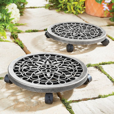 Rolling Plant Caddies, Pack of 2 Antique Plant Pot Stand, 37cm, Weatherproof Plastic, Lockable Wheels