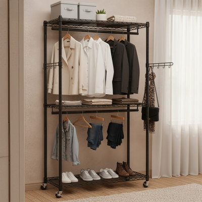 Rolling Portable Wardrobe, Heavy-Duty Metal Clothes Rack on Wheels