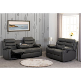 Roma 3 and 2 Seater Recliner Suite with Cup Holders Grey Faux Leather