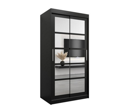 Roma II Black Modern Sliding Door Wardrobe H2000mm W1000mm D620mm with Mirrored Panels