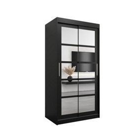 Roma II Black Modern Sliding Door Wardrobe H2000mm W1000mm D620mm with Mirrored Panels