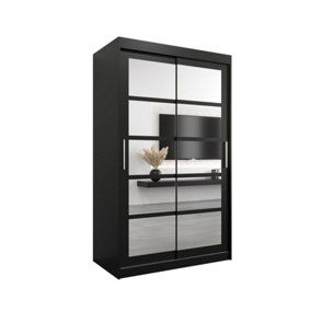 Roma II Black Modern Sliding Door Wardrobe H2000mm W1200mm D620mm with Mirrored Panels