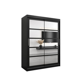 Roma II Black Modern Sliding Door Wardrobe H2000mm W1500mm D620mm with Mirrored Panels and Silver Handles