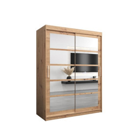 Roma II Oak Artisan Stylish Sliding Door Wardrobe H2000mm W1500mm D620mm with Mirrored Panels and Silver Handles