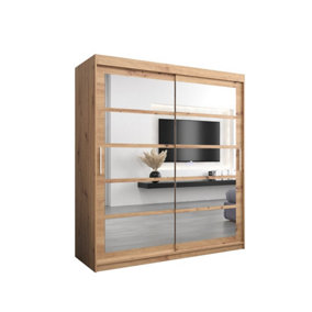 Roma II Oak Artisan Stylish Sliding Door Wardrobe H2000mm W1800mm D620mm with Mirrored Panels and Silver Handles