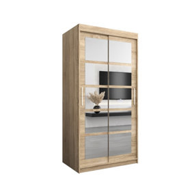 Roma II Oak Sonoma Spacious Sliding Door Wardrobe H2000mm W1000mm D620mm with Mirrored Panels
