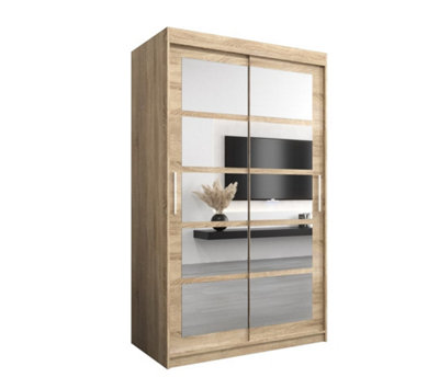 Roma II Oak Sonoma Spacious Sliding Door Wardrobe H2000mm W1200mm D620mm with Mirrored Panels