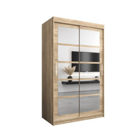 Roma II Oak Sonoma Spacious Sliding Door Wardrobe H2000mm W1200mm D620mm with Mirrored Panels