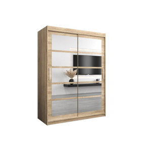 Roma II Oak Sonoma Spacious Sliding Door Wardrobe H2000mm W1500mm D620mm with Mirrored Panels and Silver Handles