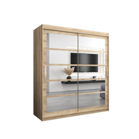 Roma II Oak Sonoma Spacious Sliding Door Wardrobe H2000mm W1800mm D620mm with Mirrored Panels and Silver Handles