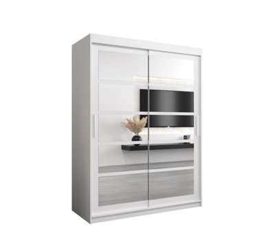 Roma II White Elegant Sliding Door Wardrobe H2000mm W1500mm D620mm with Mirrored Panels and Silver Handles