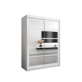 Roma II White Elegant Sliding Door Wardrobe H2000mm W1500mm D620mm with Mirrored Panels and Silver Handles
