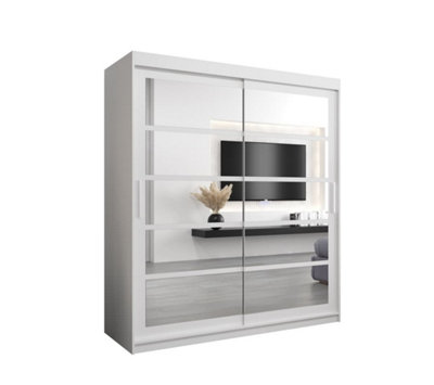 Roma II White Elegant Sliding Door Wardrobe H2000mm W1800mm D620mm with Mirrored Panels and Silver Handles