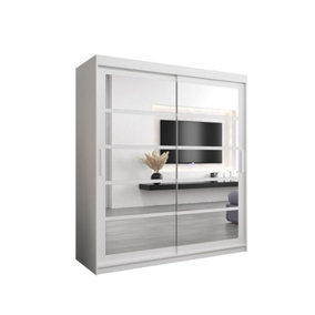 Roma II White Elegant Sliding Door Wardrobe H2000mm W1800mm D620mm with Mirrored Panels and Silver Handles