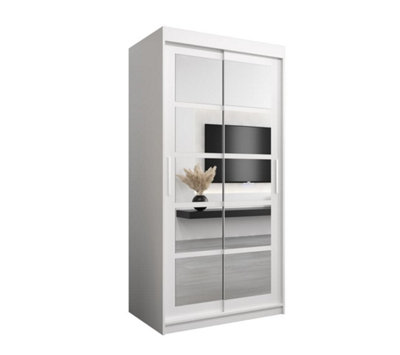 Roma II White Stylish Sliding Door Wardrobe H2000mm W1000mm D620mm with Mirrored Panels