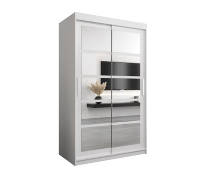 Roma II White Stylish Sliding Door Wardrobe H2000mm W1200mm D620mm with Mirrored Panels