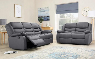 Roma Leather Manual Recliner 3+2 Seater Sofa With Cupholders In Grey Colour
