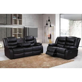 Roma Leather Recliner 3 & 2 Seater Sofa Set Black