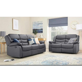 Roma Leather Recliner 3 & 2 Seater Sofa Set Grey
