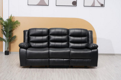 Roma Leather Recliner 3 Seater, Armchair Inspired Home Theatre and Living Room Sofa - Black