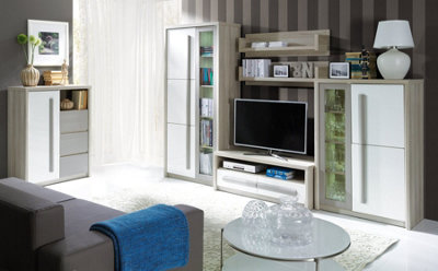 Roma ROM4 TV Cabinet in Elm, White Gloss & Grey Matt - W1200mm H440mm D530mm, Elegant and Functional