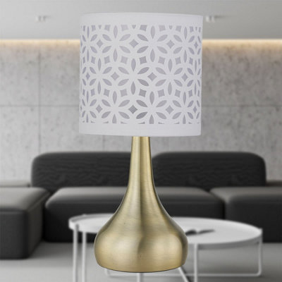 Romana - Antique Brass Touch Table Lamp with White Laser Cut Shade