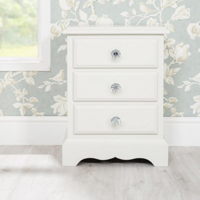 Romance Antique White 3 Drawer French Style Bedside Table with Crystal Handles